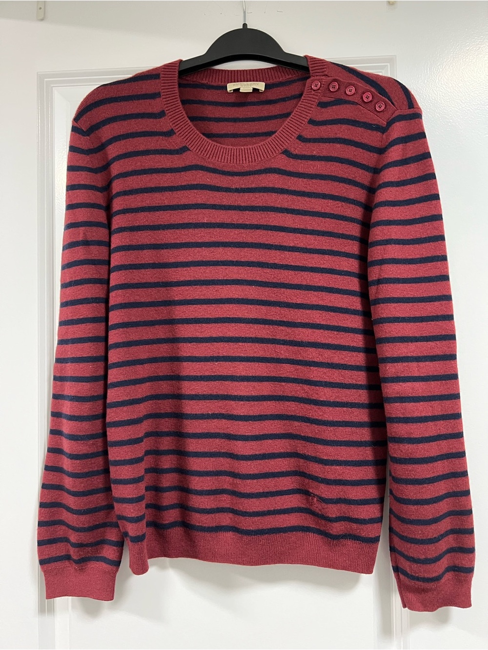 Burberry Rose and Navy Striped Crewneck Sweater with Shoulder Buttons